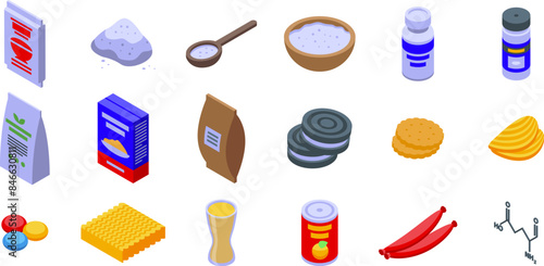 Glutamate icons set. This collection features a variety of food additives used to enhance flavors, extend shelf life, and improve the quality of processed foods
