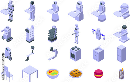 Robot restaurant icons set. Restaurant of the future with robot waiters serving food and drinks to customers