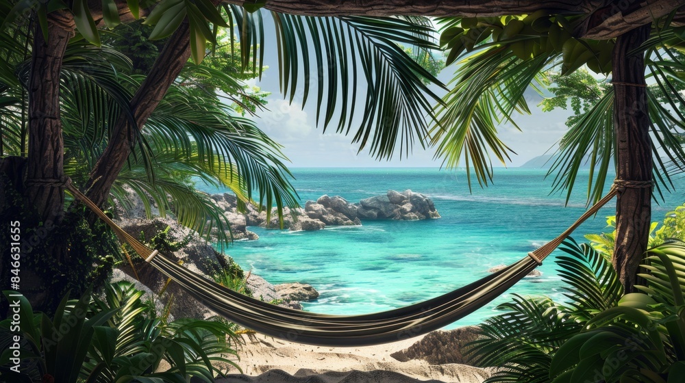 Fototapeta premium Paradise Found Relaxing in a Hammock with a Stunning Ocean View
