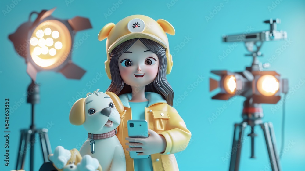 Naklejka premium Cute animated girl with dog on a film set, holding a smartphone, surrounded by studio lights in a cheerful atmosphere. 3D Illustration. Influencer and Petfluencer.