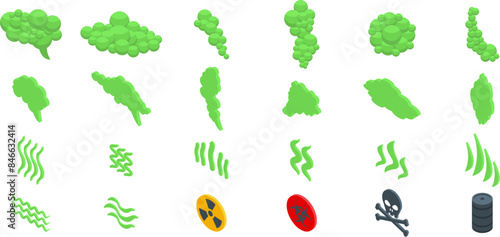 Toxic smoke cloud icons set. Green poisonous gas is spreading, including skull and crossbones, radioactive and biohazard symbols