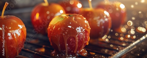 Making caramel apples for National Caramel Apple Day, October 31st, sticky fingers and sweet treats, 4K hyperrealistic photo. photo