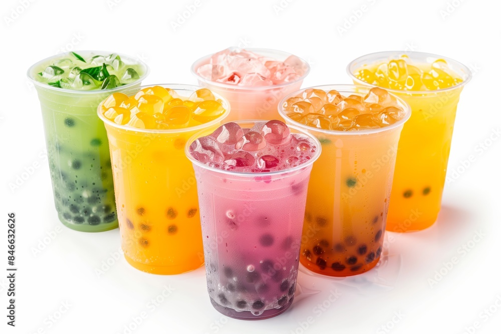 Six colorful bubble tea drinks with boba pearls on white background Six colorful bubble tea drinks with boba pearls on white background