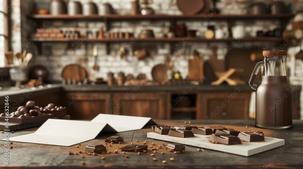 Masterful Chocolate Artistry Expert Chocolatier's Kitchen with Business Card Molds Cocoa and Finished Chocolates Masterful Chocolate Artistry Expert Chocolatier's Kitchen with Business Card Molds Cocoa and Finished Chocolates
