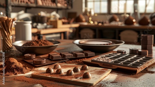 Masterful Chocolate Artistry Expert Chocolatier's Kitchen with Business Card Molds Cocoa and Finished Chocolates