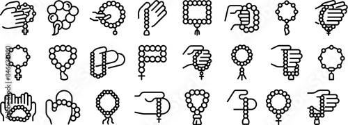 Prayer beads icons set. Different people holding and using rosary beads to pray in various positions