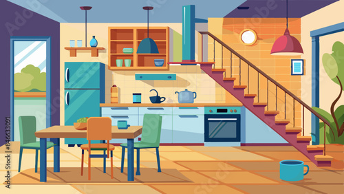 Kitchen interior with furniture and appliances front view. vector illustration night view  © fahim