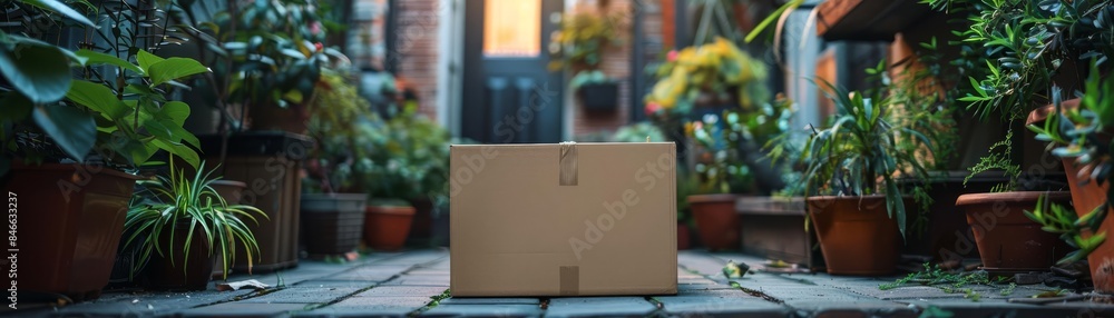 custom made wallpaper toronto digitalA cardboard package on a cozy doorstep, surrounded by plants and urban decor, illustrating home delivery and everyday convenience