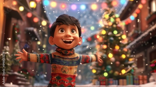 A cartoon boy in a sweater standing on the street with his arms outstretched, AI