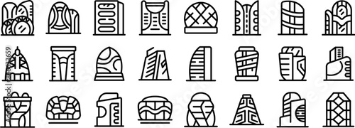 futuristic metropolis architecture icons set. Line icons set of architects designing modern buildings using innovative sustainable architecture, futuristic skyscrapers icons