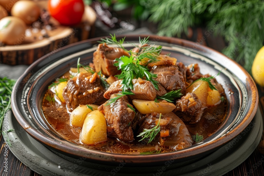 Close up of brown stew served in a rustic bowl Close up of brown stew served in a rustic bowl