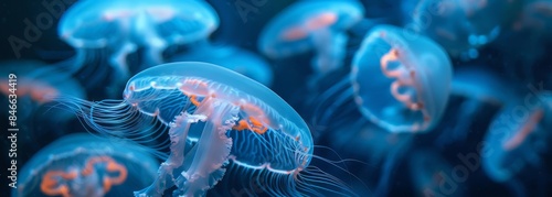 A serene underwater scene with a school of bioluminescent jellyfish illuminating the dark ocean depths, their tentacles creating intricate patterns of light