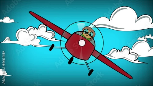 animated of cartoon old vintage red plane with clouds