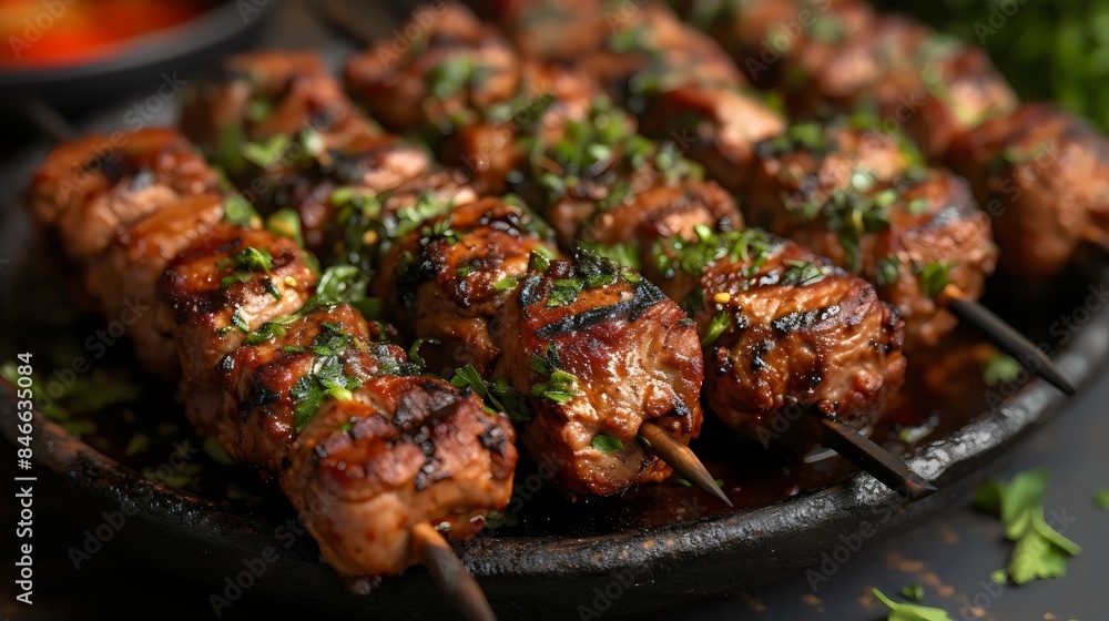 A plate of meat skewers with parsley on top A plate of meat skewers with parsley on top