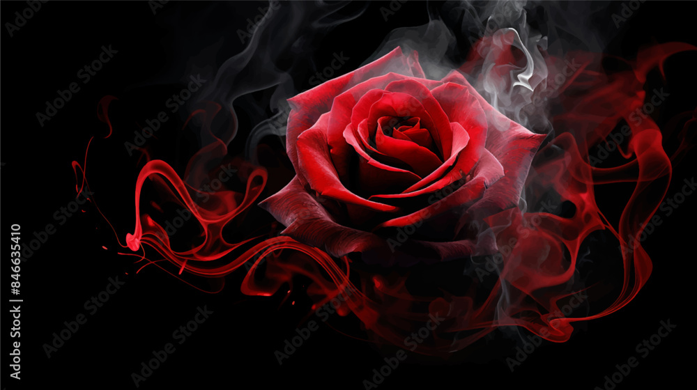 Red rose wrapped in smoke swirl on isolated black background Red rose wrapped in smoke swirl on isolated black background