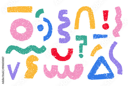 Colorful abstract thick lines charcoal drawing and geometric shapes in doodle scribble style. Hand drawn bold grunge forms in childish style. Playful figures brush strokes. Vector illustration