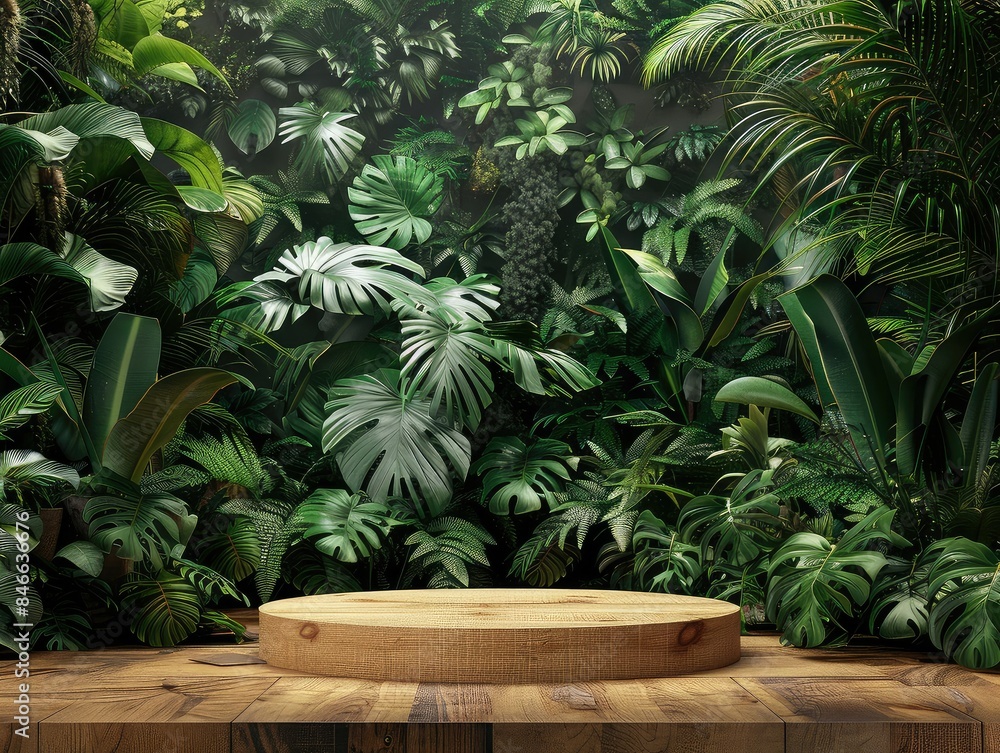 A beautiful rendering of a wooden platform in a lush green jungle A beautiful rendering of a wooden platform in a lush green jungle