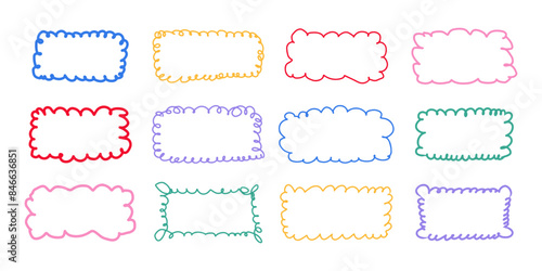 Hand drawn colorful rectangle looped frame set. Doodle scalloped edge oval shapes. Scribble lace borders template. Cloud silhouette. Vector illustration isolated on white background