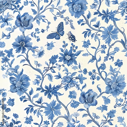 Vintage Chinese chinoiserie botanical watercolor painting drawing of flower branch pattern with blue and white color theme wall art, background, wallpaper, wall art