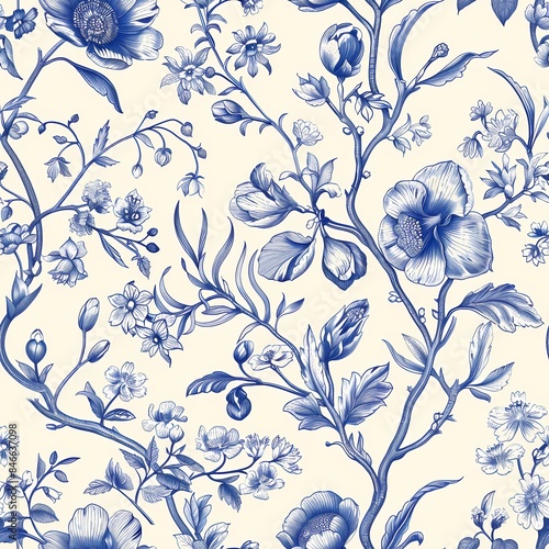 Vintage Chinese chinoiserie botanical watercolor painting drawing of flower branch pattern with blue and white color theme wall art, background, wallpaper, wall art