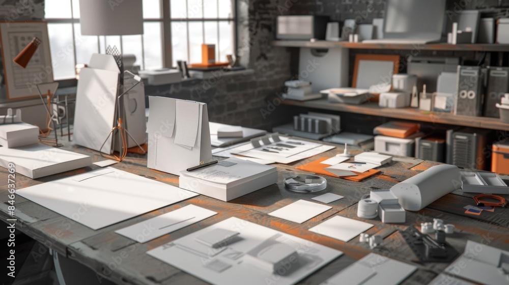 Fototapeta premium CuttingEdge Industrial Design Workspace 3D Printer Prototypes and Creative Chaos