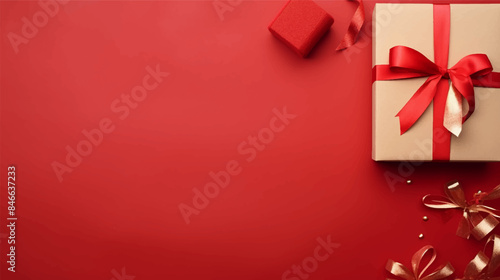 Red background. Xmas gold gift box and red ribbon bow viewed from above for text Merry Christmas, Happy New Year and Black Friday season. Horizontal banner, website. Vector illustration