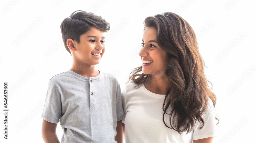 40 year old Latin mother standing to the side looking and smiling at her 7 year old Latin boy son, optimistic faces, in a large space with white background, optimistic faces, photo style 40 year old Latin mother standing to the side looking and smiling at her 7 year old Latin boy son, optimistic faces, in a large space with white background, optimistic faces, photo style