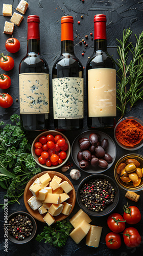 different cheese, bryndza, spices, bottles of wine, unlabelled wine, empty dark grey background, top view, all objects lying down photo