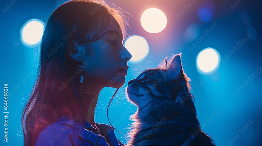 Silhouette of a woman and a cat in a dreamy blue-toned background, portraying a serene moment of connection and tranquility at night. Influencer and Petfluencer. Silhouette of a woman and a cat in a dreamy blue-toned background, portraying a serene moment of connection and tranquility at night. Influencer and Petfluencer.