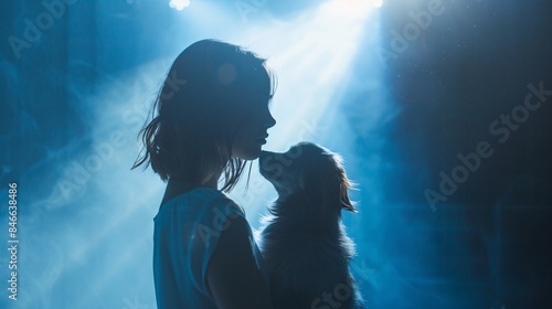 Wallpaper Mural Silhouette of a woman with her dog in dramatic lighting and mist, showcasing a peaceful and intimate moment. Influencer and Petfluencer. Torontodigital.ca