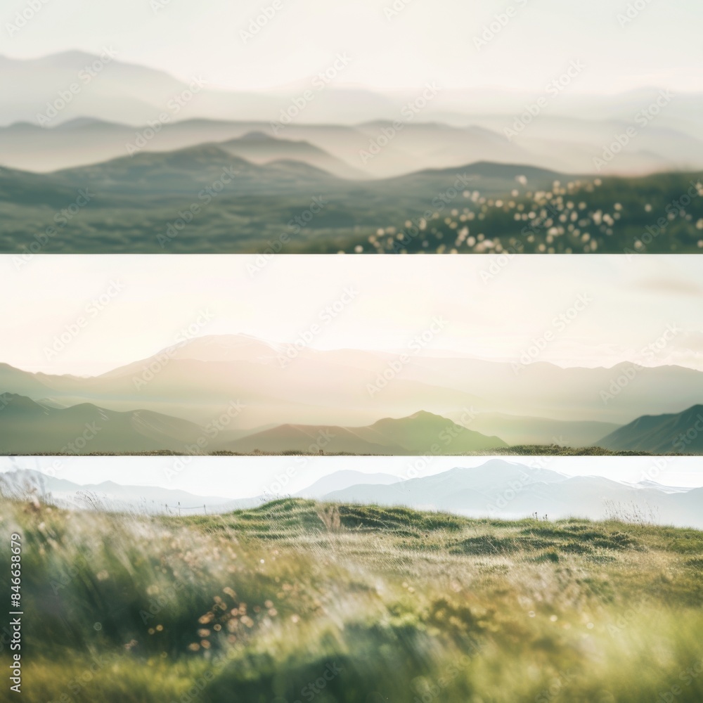 Obraz premium Nature collage with scenic landscapes, forests, mountains, rivers, and skies, panoramic outdoor views, wilderness and natural beauty, travel and adventure concept