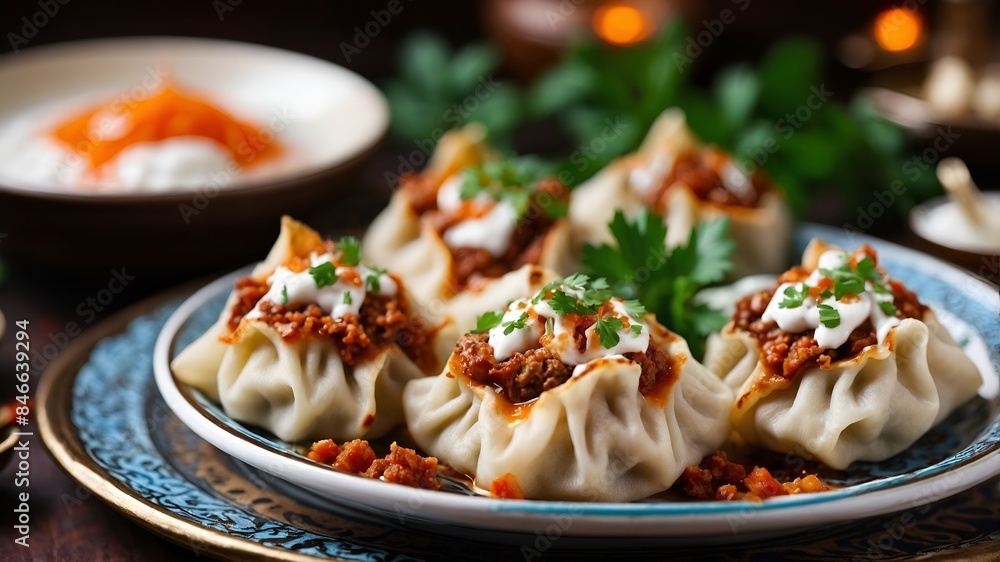 Manti - Small Turkish dumplings filled with spiced meat, usually served with yogurt and garlic sauce. Manti - Small Turkish dumplings filled with spiced meat, usually served with yogurt and garlic sauce.