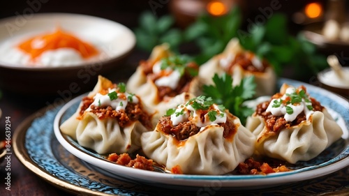 Manti - Small Turkish dumplings filled with spiced meat, usually served with yogurt and garlic sauce.