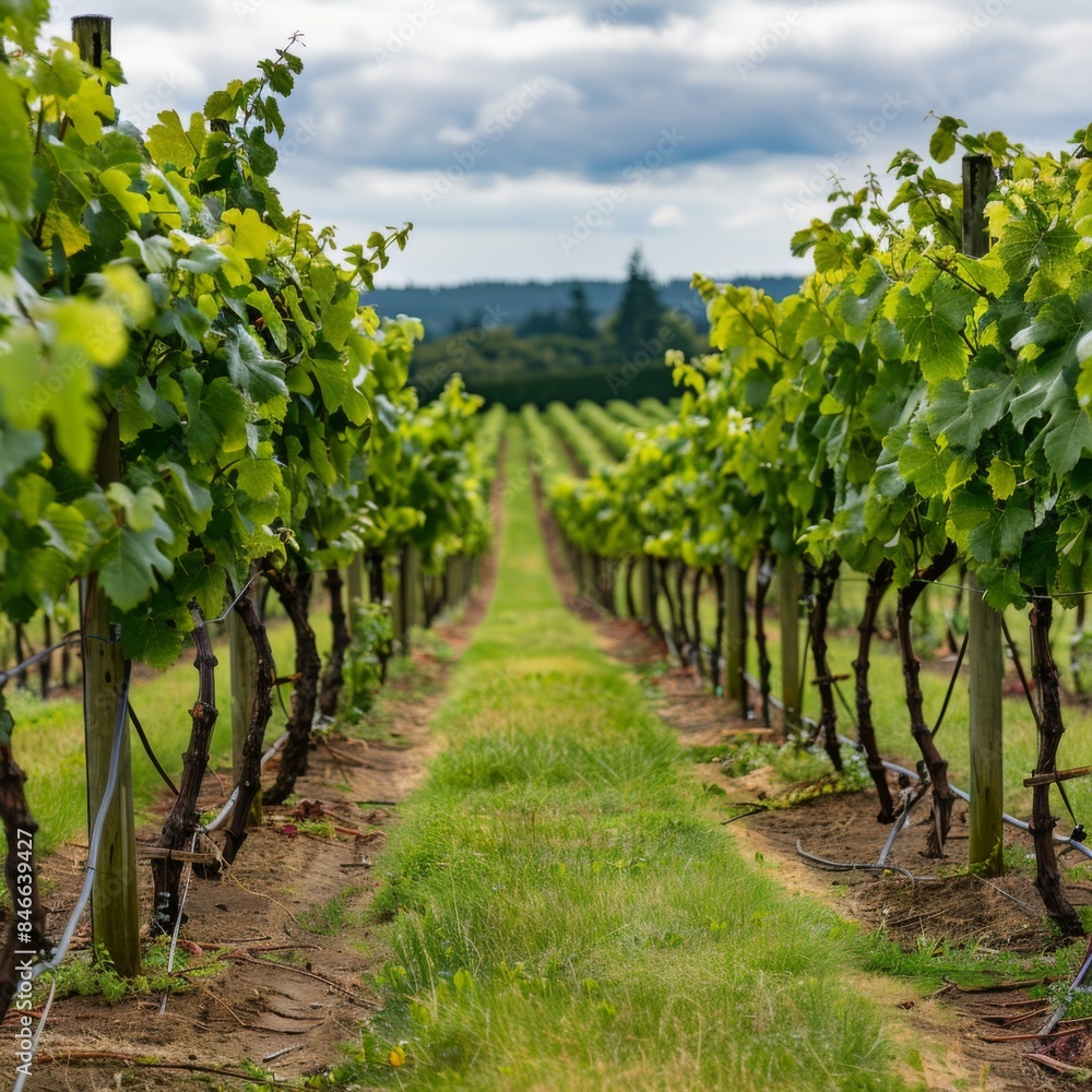 Naklejka premium Vineyard and winery fields, rows of grapevines under sunny sky, agricultural landscape, wine production, rural scenery, harvest season, nature and countryside background