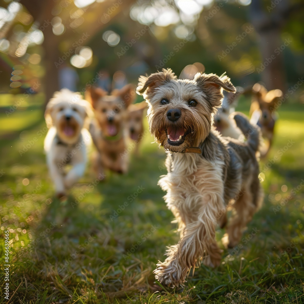 Group of Small Dogs Running Across Grass Covered Field Group of Small Dogs Running Across Grass Covered Field