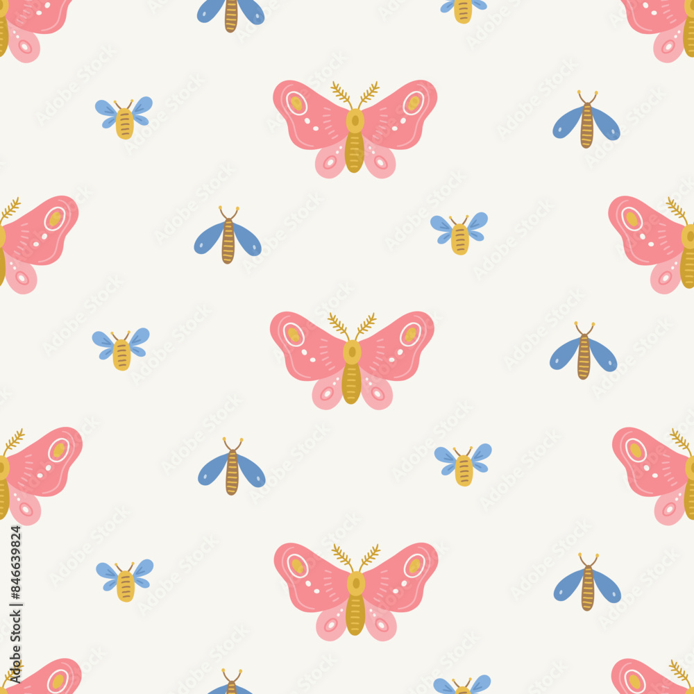 Floral seamless pattern with butterflies and moths on white background