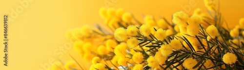 Bright yellow mimosa flowers against a vibrant yellow background, minimalistic composition highlighting the beauty and freshness of spring blossoms