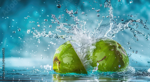 Food shot, super wide Angle, green coconut waterfall splash, liquid explosion photo