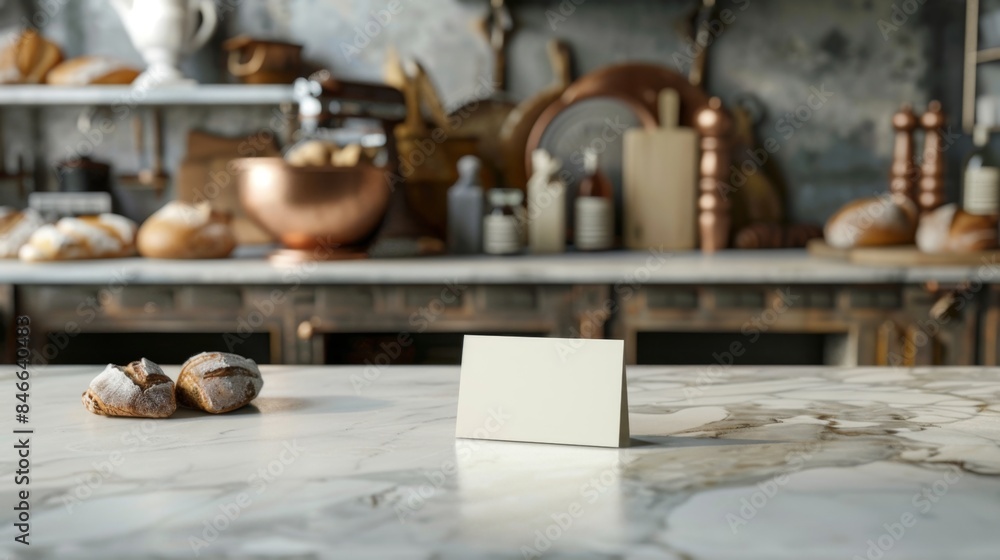 Artisan Bakery Kitchen Blank Business Cards Marble Countertop and Copper Mixing Bowl Artisan Bakery Kitchen Blank Business Cards Marble Countertop and Copper Mixing Bowl