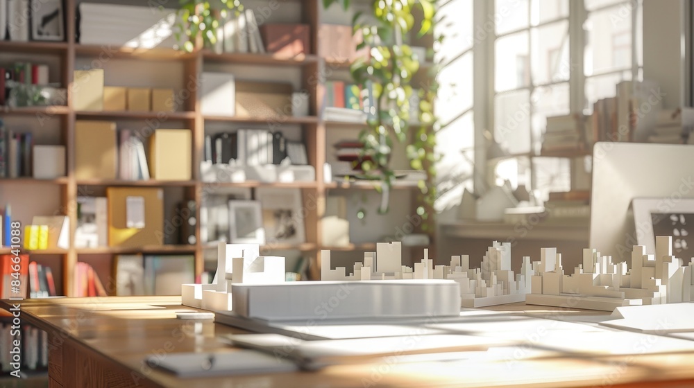 Modern Urban Architect's Workspace 3D City Models Sustainable Design Books and Blank Business Cards for Creative Inspiration Modern Urban Architect's Workspace 3D City Models Sustainable Design Books and Blank Business Cards for Creative Inspiration