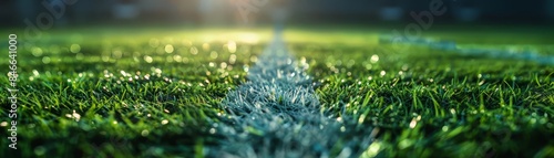 Center line on a football field, vivid green grass and bright lights, symbolizing the competitive spirit and excitement of the game photo