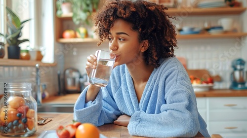 Woman in blue robe drinking water in a cozy kitchen. Relaxed morning with healthy habits. Lifestyle image showcasing wellness and hydration. Perfect for health blogs