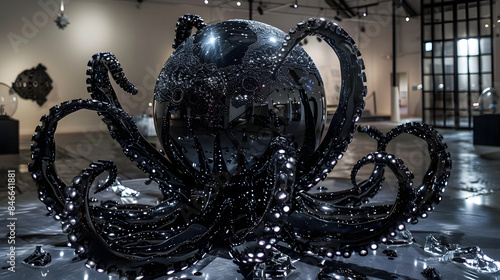 Intricate black glass ball adorned with diamonds and lights, shaped like an octopus, atop steel sculpture