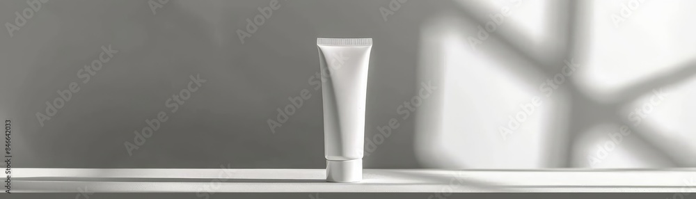 Clean white cosmetic tube against a neutral background, spotlighting the product with a focus on simplicity and elegance, ideal for marketing Clean white cosmetic tube against a neutral background, spotlighting the product with a focus on simplicity and elegance, ideal for marketing