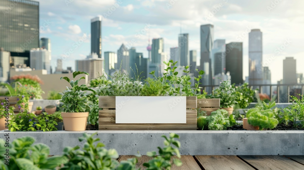 Fototapeta premium City Oasis Urban Rooftop Farm with Business Cards Herbs and Skyline Views