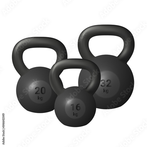 Set of three beautiful realistic black iron cast kettlebells on transparent background.