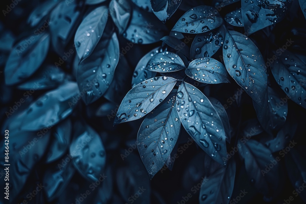 Obraz premium Moody blue foliage with raindrops in soft focus