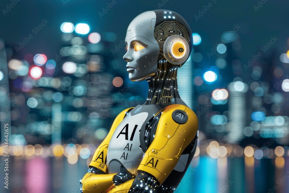 AI robot with yellow accents in a cityscape at night, highlighting the presence of artificial intelligence in an urban environment with vibrant lights and modern design AI robot with yellow accents in a cityscape at night, highlighting the presence of artificial intelligence in an urban environment with vibrant lights and modern design