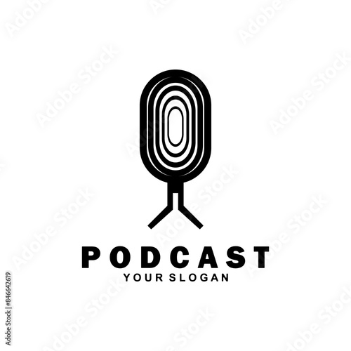 Podcast with microphone. Unique business podcast logo emblem design template.	