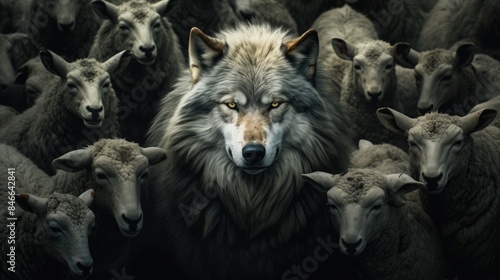 A Portrait of Wolf surrounded by sheep.